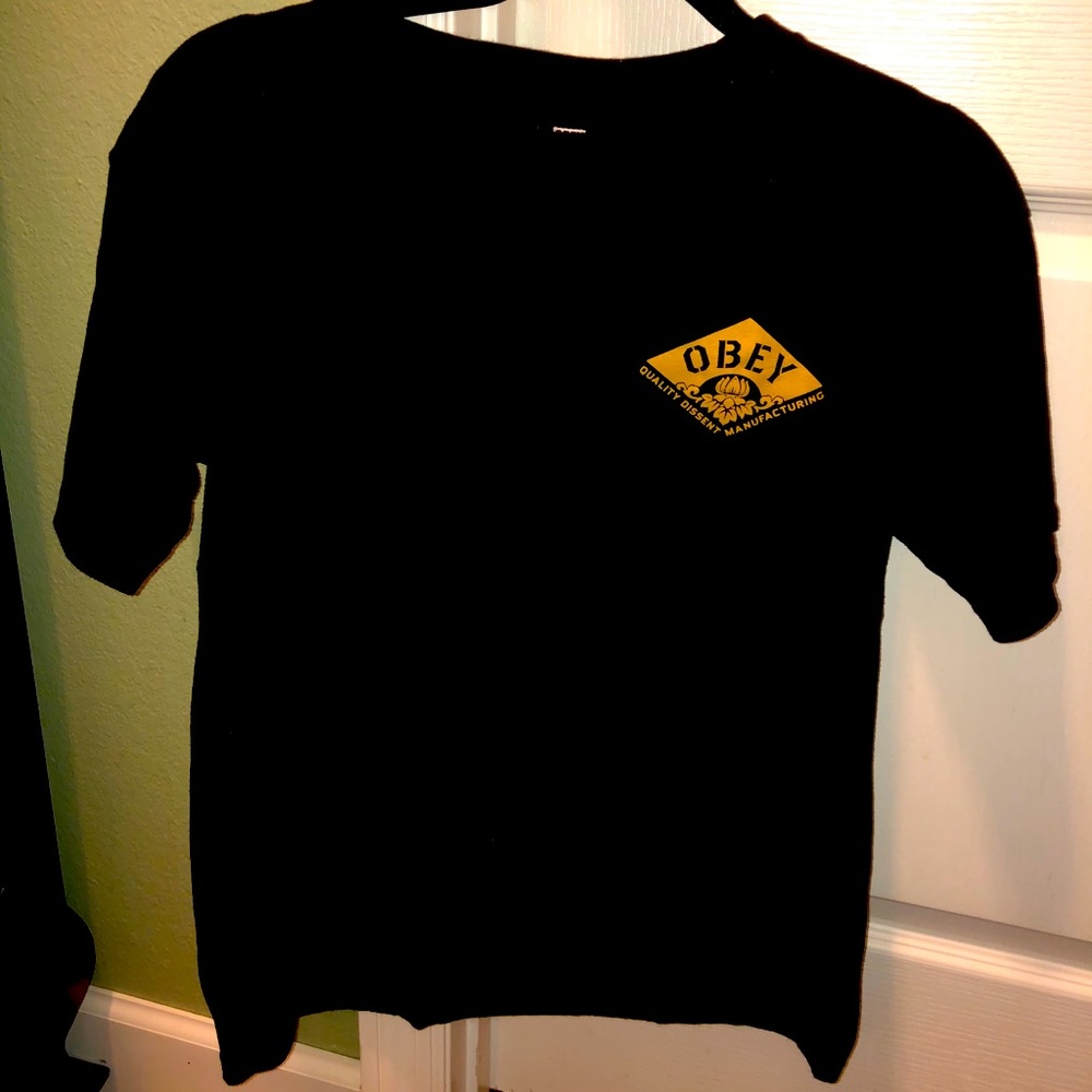 Selling a small black and honey colored Obey t-shirt.
